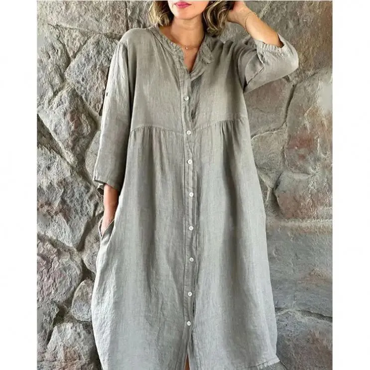 Womens Fashion Vintage Linen Shirt Dress B-73315