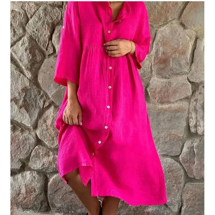 Womens Fashion Vintage Linen Shirt Dress B-73315