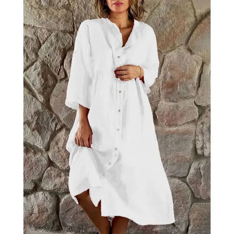 Womens Fashion Vintage Linen Shirt Dress B-73315