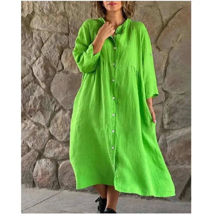 Womens Fashion Vintage Linen Shirt Dress B-73315