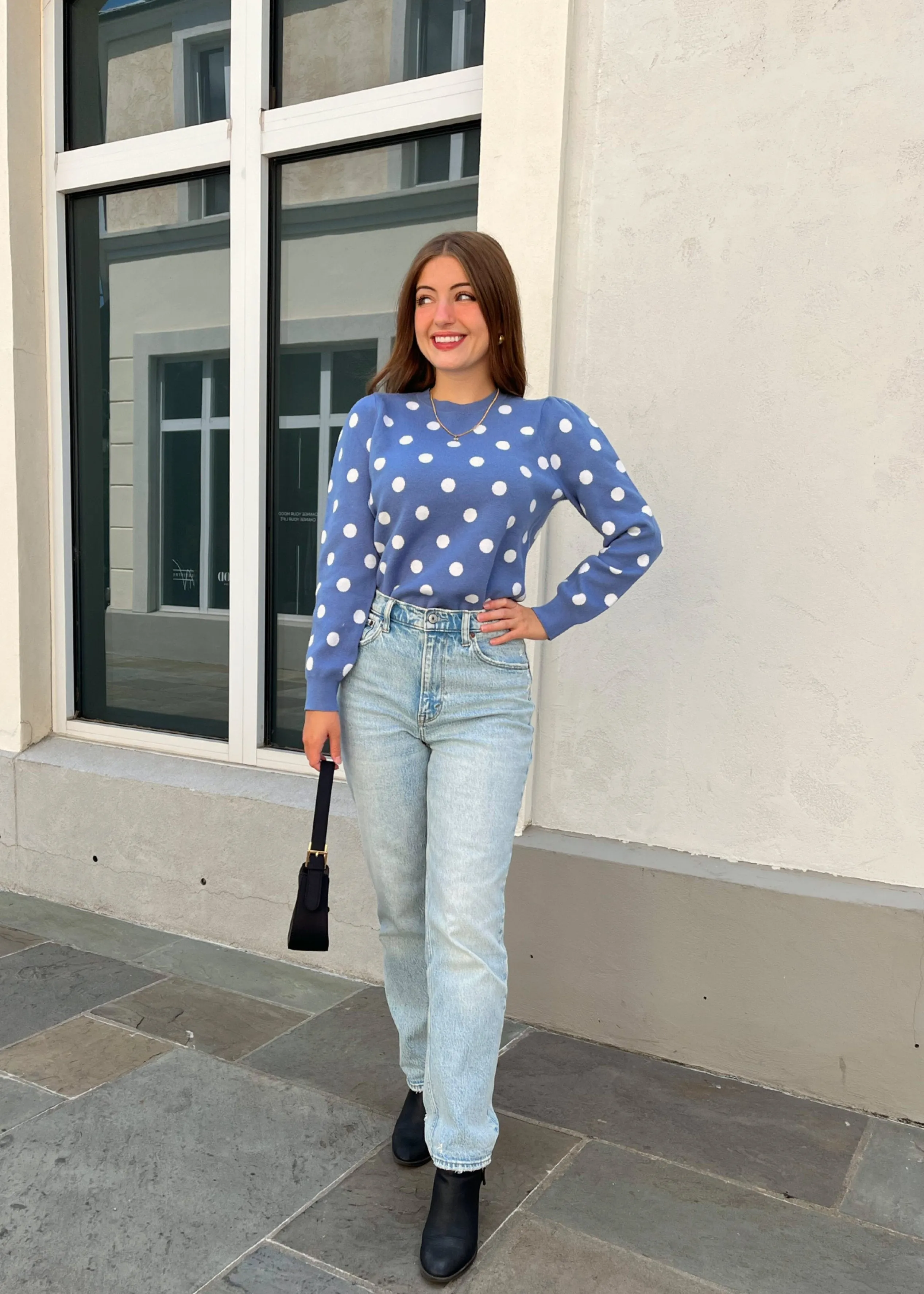 ZESICA Crewneck Polka Dots Ribbed Knit Soft Pullover Sweater