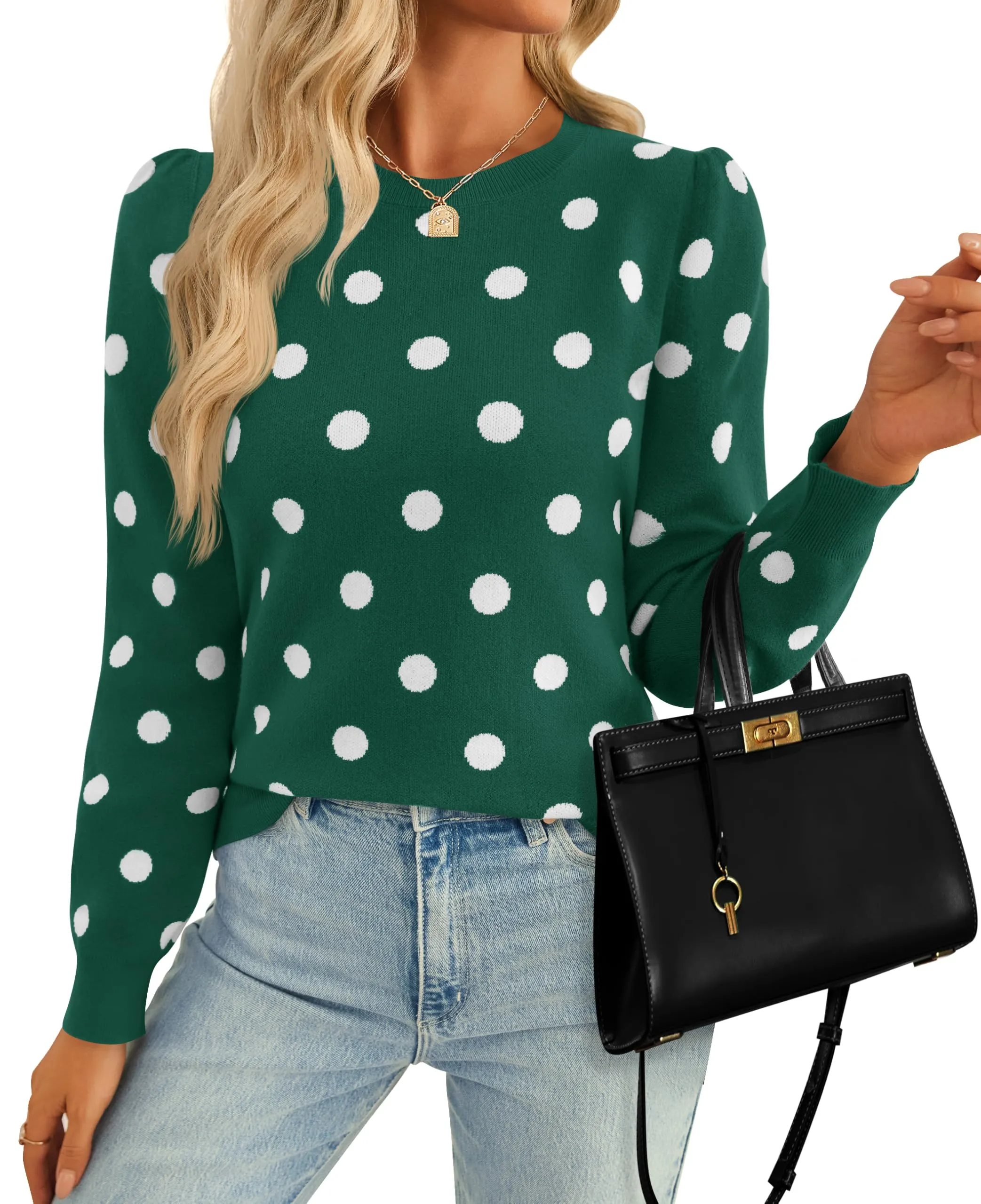 ZESICA Crewneck Polka Dots Ribbed Knit Soft Pullover Sweater